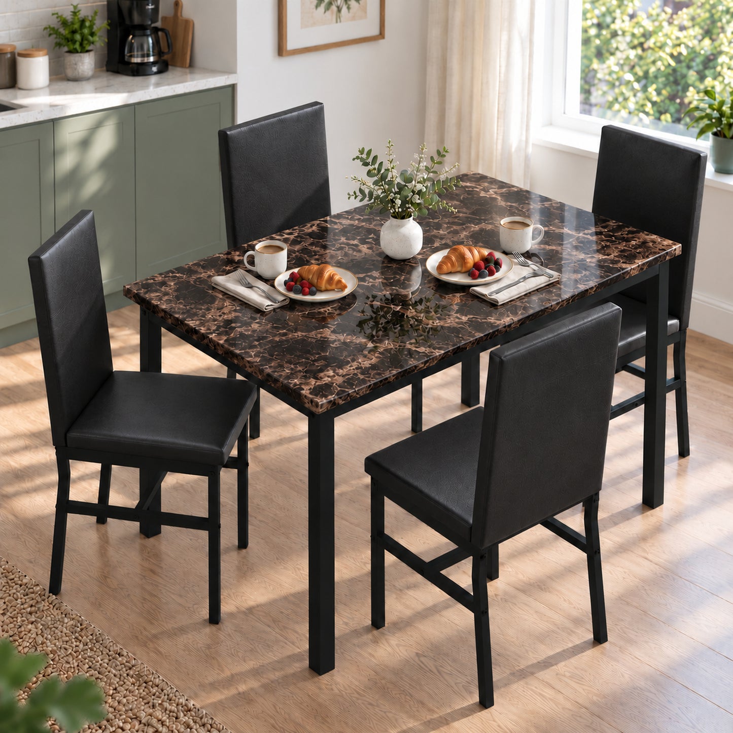 SYNGAR 7 Piece Dining Set, Modern Dining Table and Chairs Set for 6, Kitchen Dining Table Set with Faux Marble Tabletop and 6 PU Leather Upholstered Chairs, for Small Space, Breakfast Nook