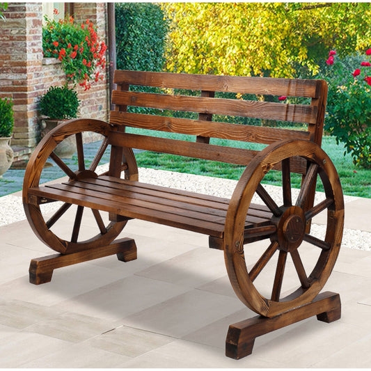 SYNGAR Wooden Bench with Wagon Wheel Arm and Backrest for Outdoor Garden Patio Deck and Yard
