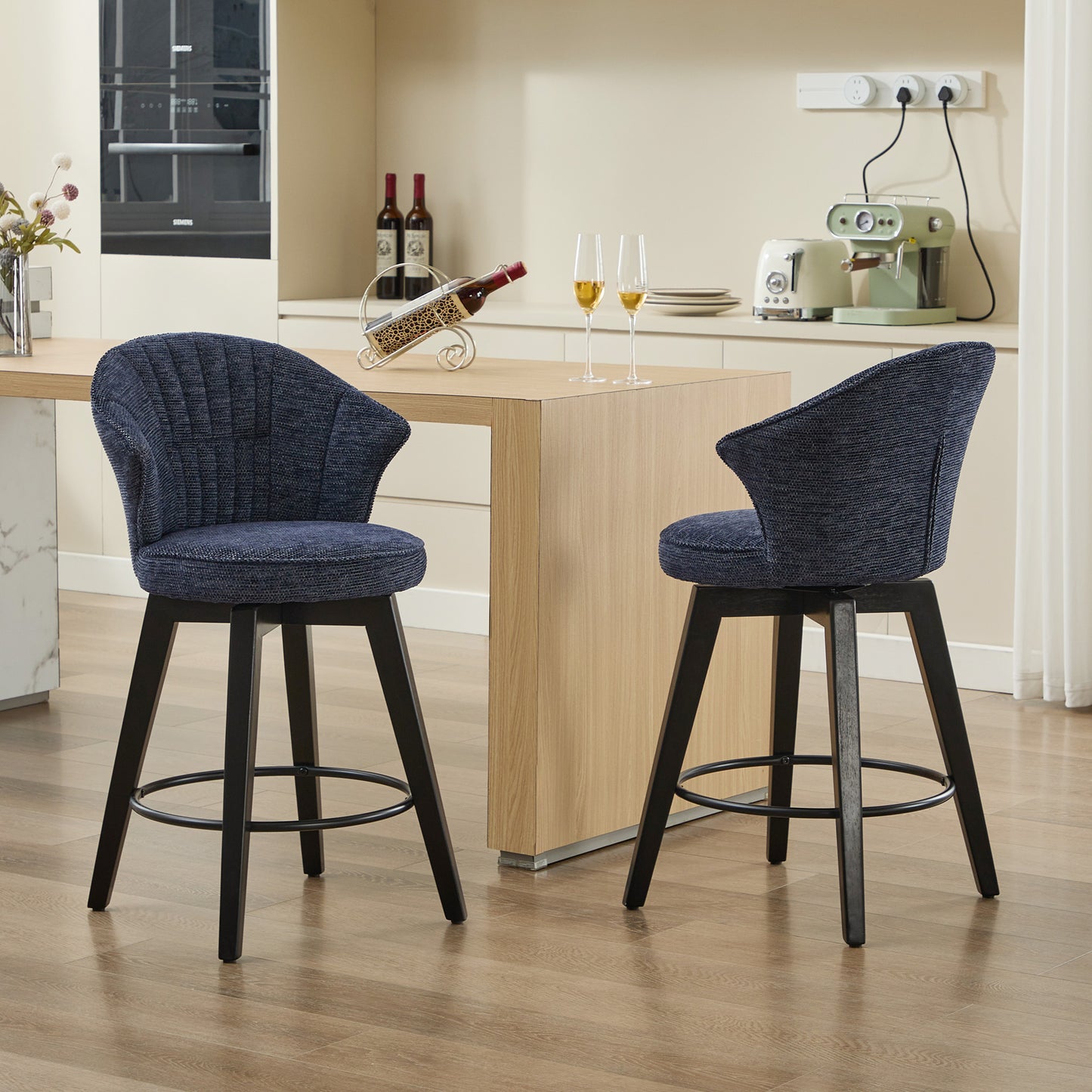 SYNGAR Swivel Bar Stools Set of 2, 360 Dreege Swivel Modern Counter Height Bar Stools with High Backrest, Chenille Upholstered Kitchen Island with Footrest, White