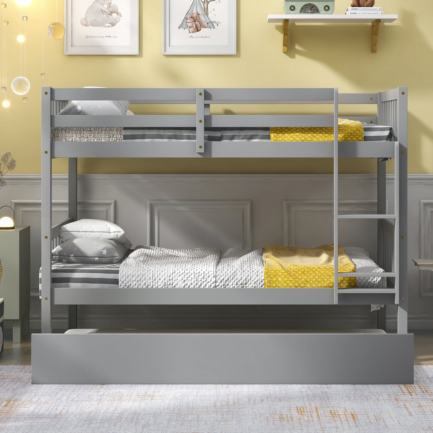 Twin over Twin Bunk Bed with Twin Size Trundle, Solid Pine Wood Bunk Bed can Convertible into 3 Platform Bed with Guardrail, Inclined Ladder, All Tools Included, Easy to Assemble, Gray,LJ3455