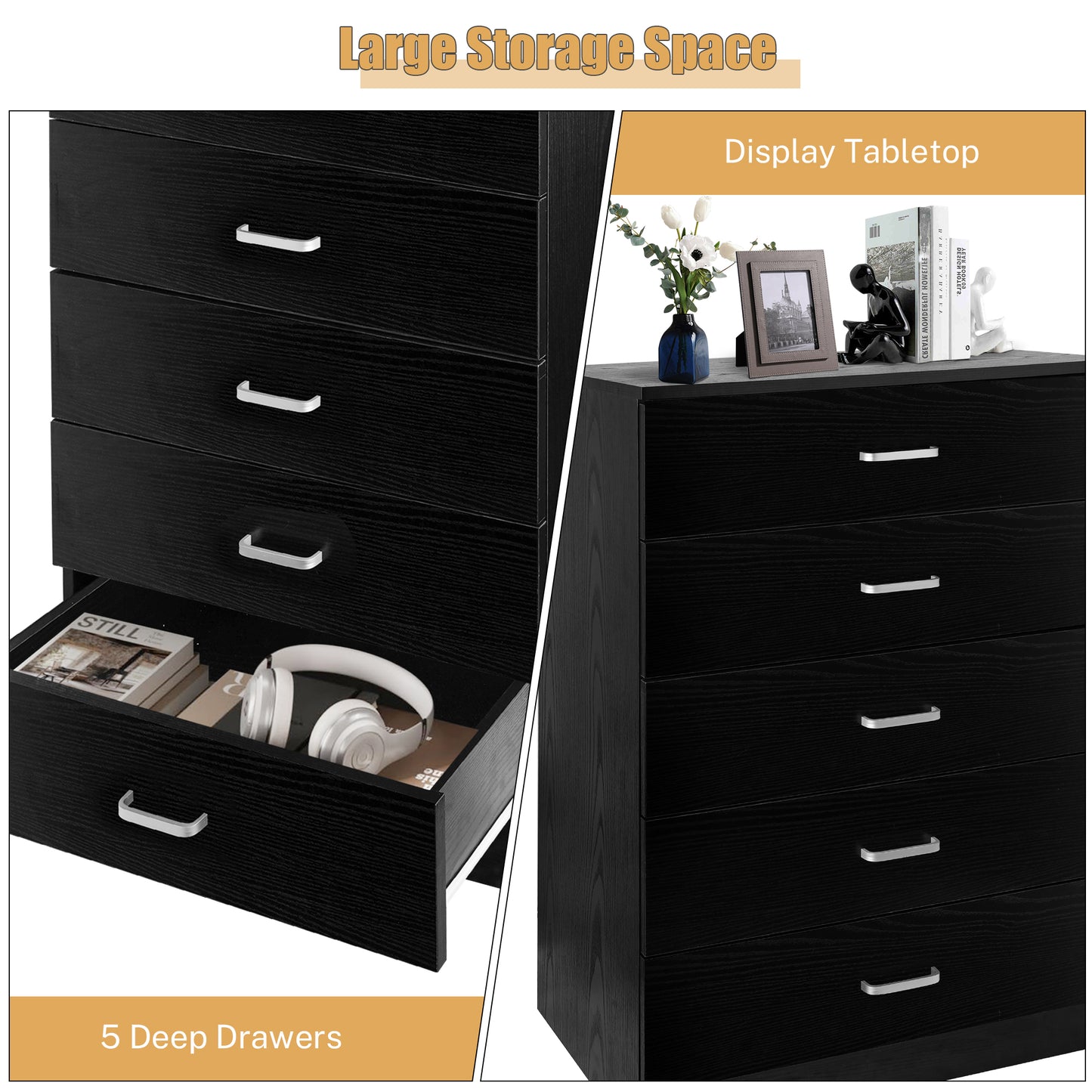 SYNGAR Black 5 Drawer Dresser, Chest of Drawers for Bedroom, Modern Storage Cabinet Dresser Organizer Unit with Handle for Living Room, Closet, Hallway, Nursery