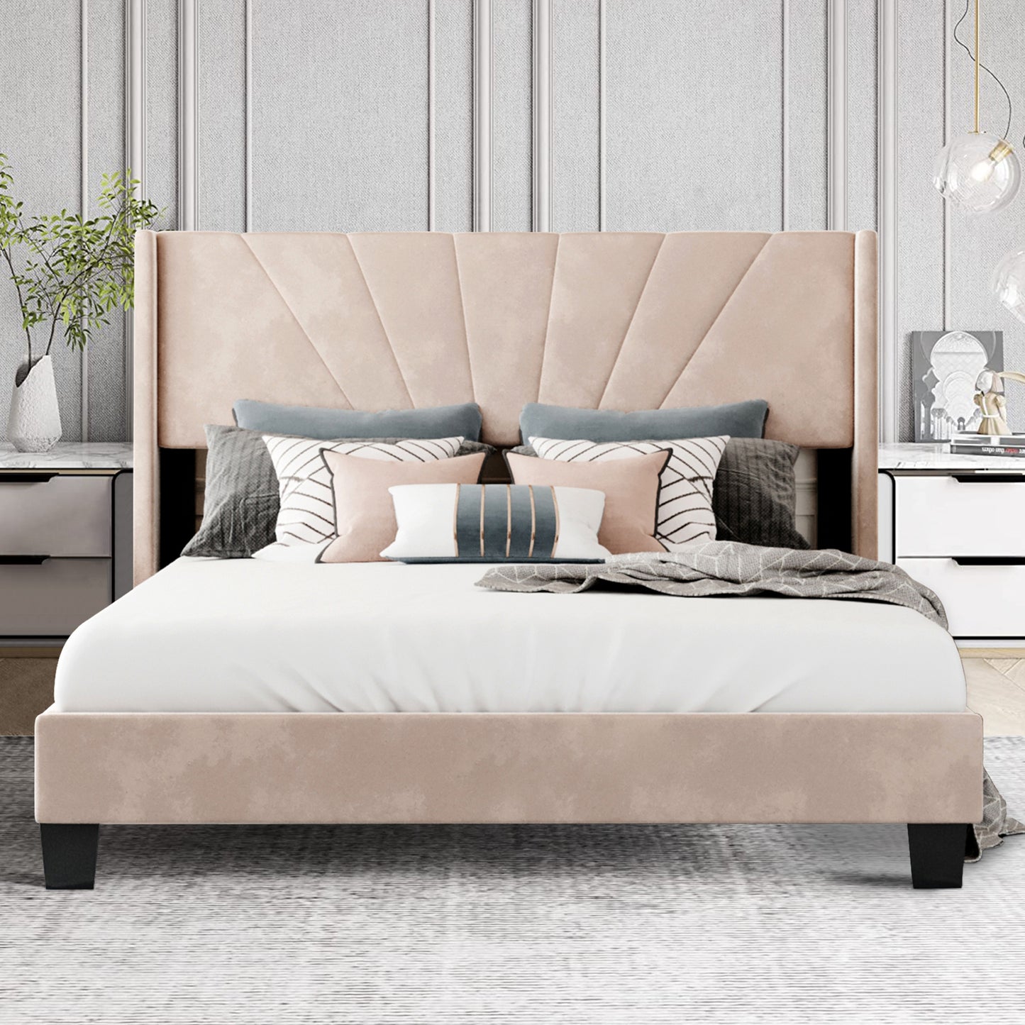 SYNGAR Upholstered Platform Bed with Velvet Tufted Headboard, Queen Size Platform Bed Frame in Gray, Box Spring Needed, Bedroom Furniture Queen Bedframe for Kids Teens Adults