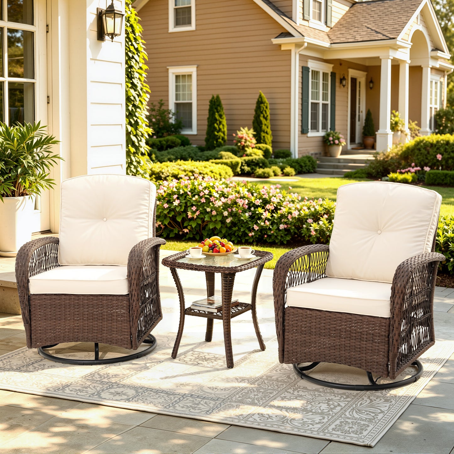 3 Piece Patio Swivel Rocker Chairs Set, 2 360-Degree Swivel Rocking Chairs with 1 Glass Top Table, PE Rattan Outdoor Bistro Set with Cushions for Balcony Deck Poolside Backyard Porch