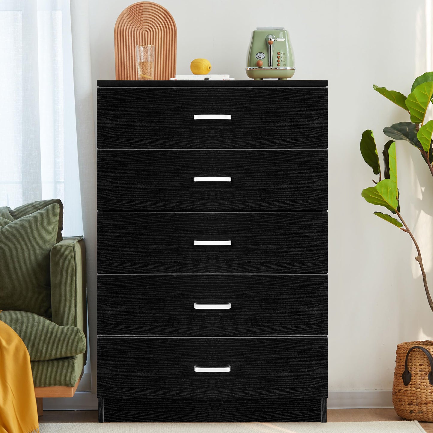 SYNGAR Black 5 Drawer Dresser, Chest of Drawers for Bedroom, Modern Storage Cabinet Dresser Organizer Unit with Handle for Living Room, Closet, Hallway, Nursery