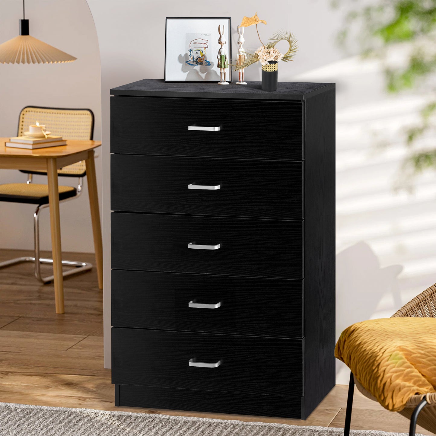 SYNGAR Black 5 Drawer Dresser, Chest of Drawers for Bedroom, Modern Storage Cabinet Dresser Organizer Unit with Handle for Living Room, Closet, Hallway, Nursery