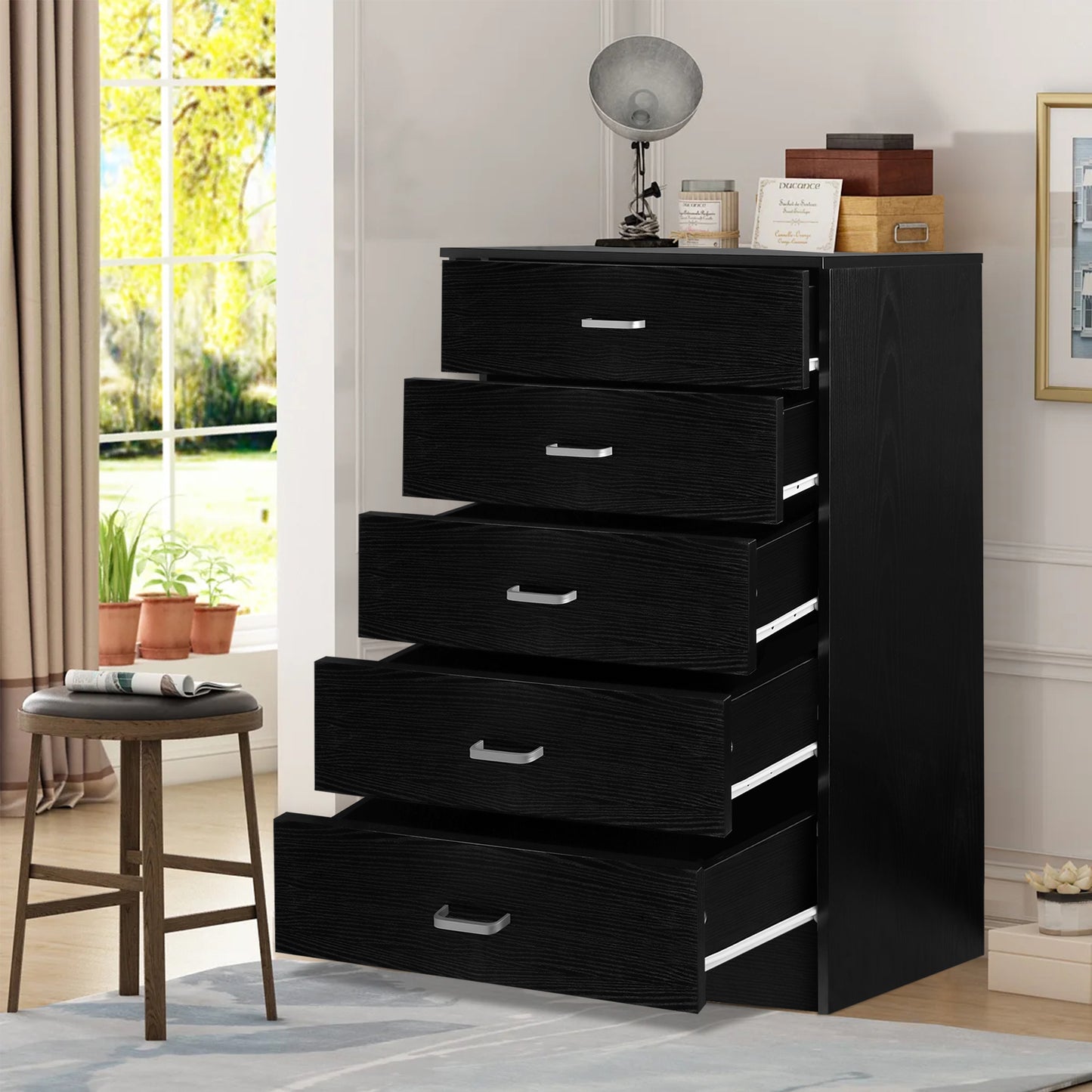 SYNGAR Black 5 Drawer Dresser, Chest of Drawers for Bedroom, Modern Storage Cabinet Dresser Organizer Unit with Handle for Living Room, Closet, Hallway, Nursery