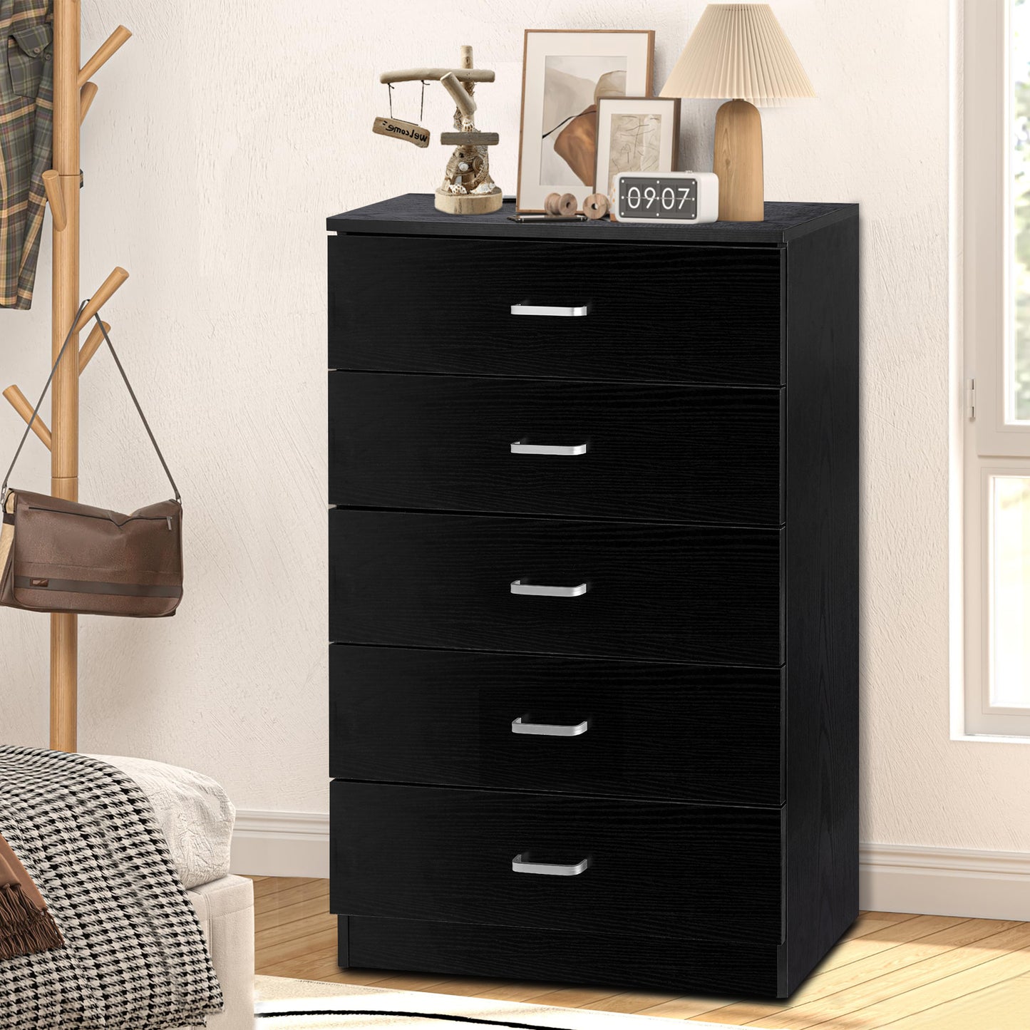 SYNGAR Black 5 Drawer Dresser, Chest of Drawers for Bedroom, Modern Storage Cabinet Dresser Organizer Unit with Handle for Living Room, Closet, Hallway, Nursery