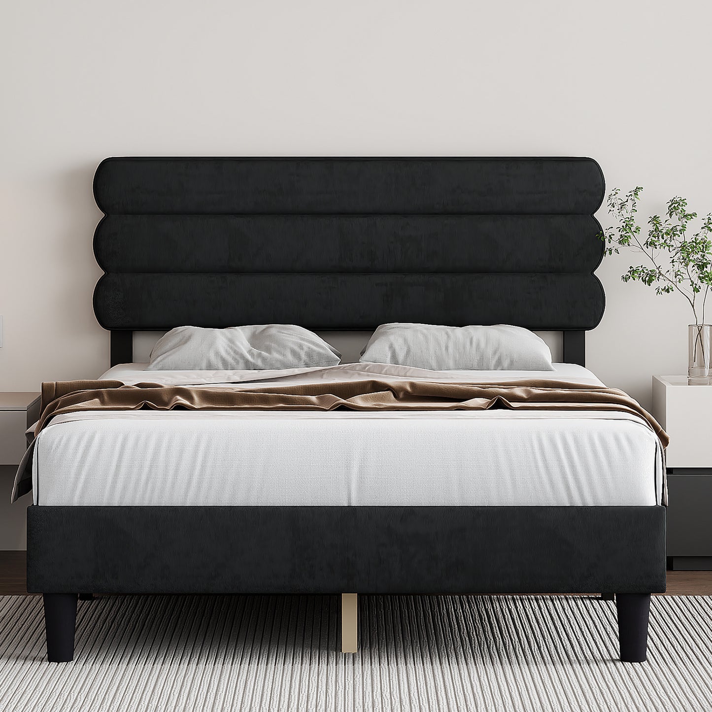 SYNGAR Queen Bed Frame, Queen Size Fabric Upholstered Platform Bed Frame with Headboard, Bedroom Furniture Metal Frame Platform Bed Frame, No Box Spring Needed, Easy Assembly, Black