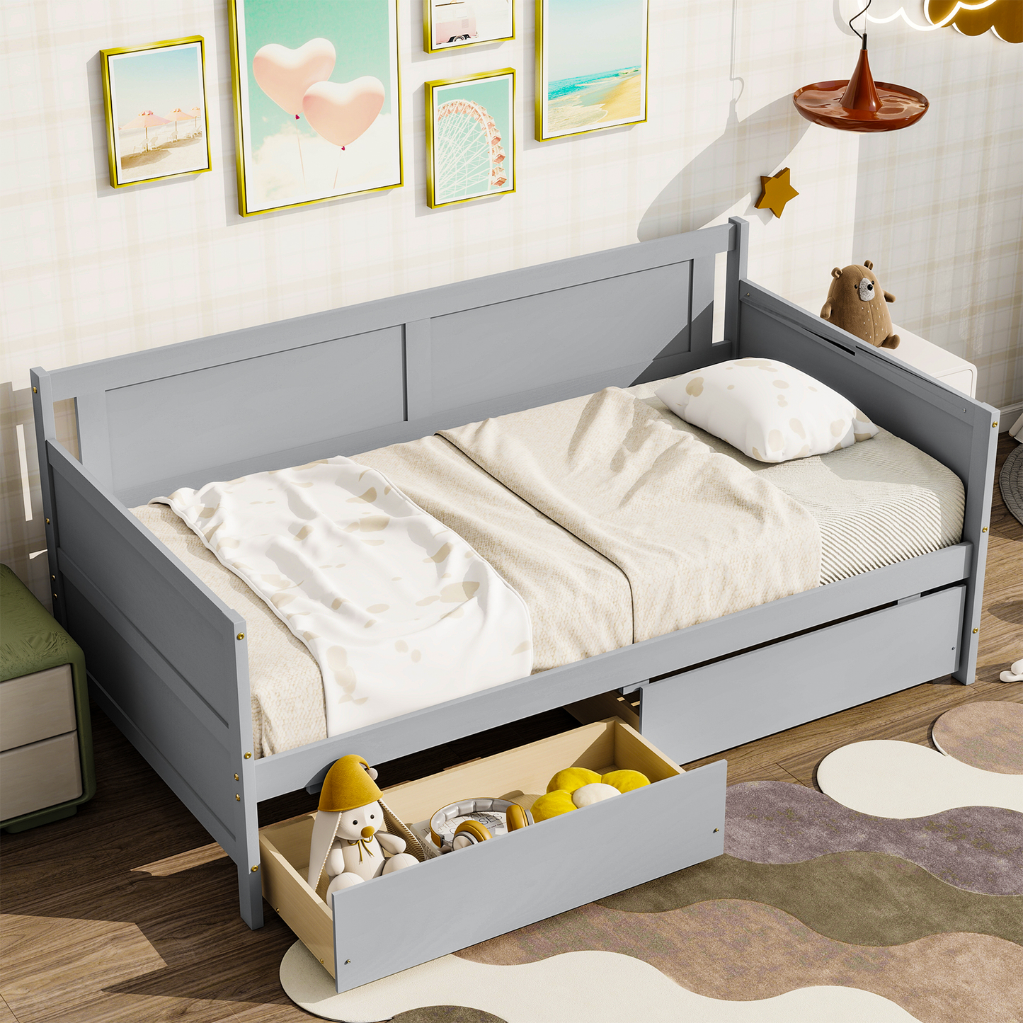 SYNGAR Twin Size Daybed with 2 Drawers, Wood Sofa Bed Frame for Kids and Teens, Living Room Bedroom Furniture, No Box Spring Needed, Wood Slat Support, Easy Assembled, Gray