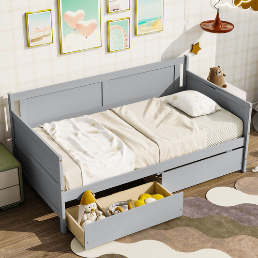 SYNGAR Twin Size Daybed with 2 Drawers, Wood Sofa Bed Frame for Kids and Teens, Living Room Bedroom Furniture, No Box Spring Needed, Wood Slat Support, Easy Assembled, Gray