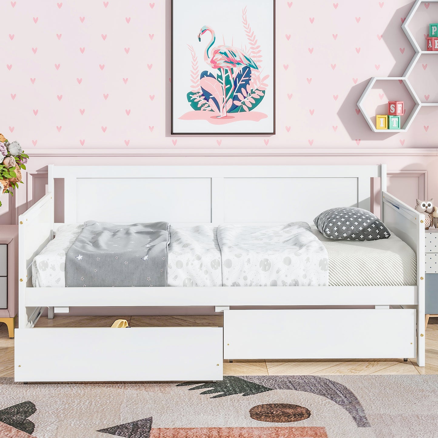 SYNGAR Twin Size Daybed with 2 Drawers, Wood Sofa Bed Frame for Kids and Teens, Living Room Bedroom Furniture, No Box Spring Needed, Wood Slat Support, Easy Assembled, Gray