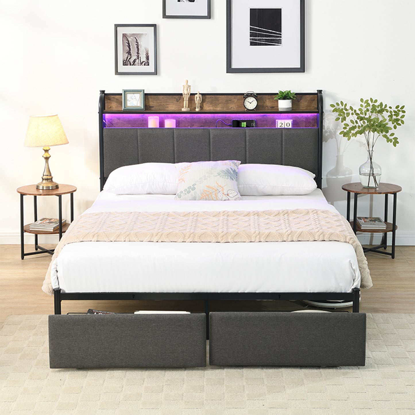 SYNGAR Full Bed Frame with Upholstered Storage Headboard, Full Size Platform Bed Frame with LED Light and Charing Station, Bedroom Furniture Metal Bed Frame, No Box Spring Needed, Gray