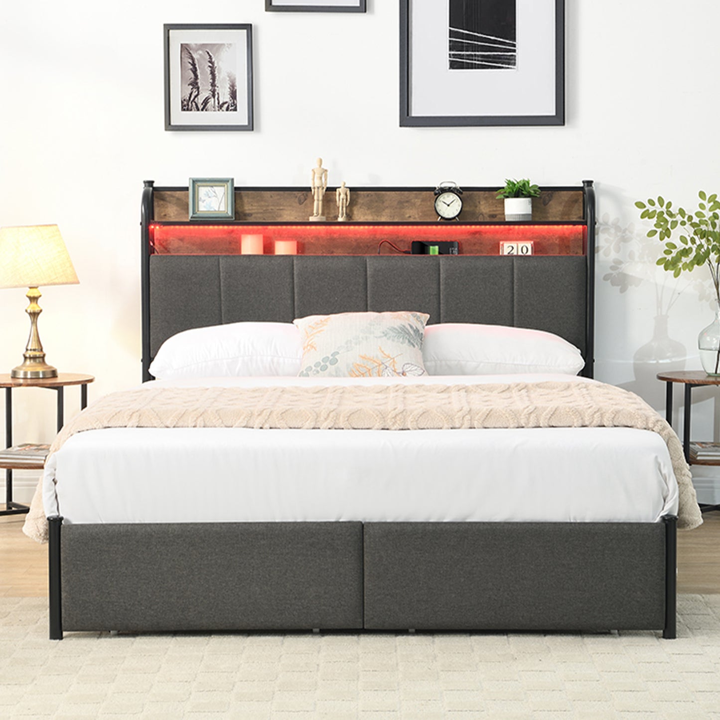 SYNGAR Full Bed Frame with Upholstered Storage Headboard, Full Size Platform Bed Frame with LED Light and Charing Station, Bedroom Furniture Metal Bed Frame, No Box Spring Needed, Gray