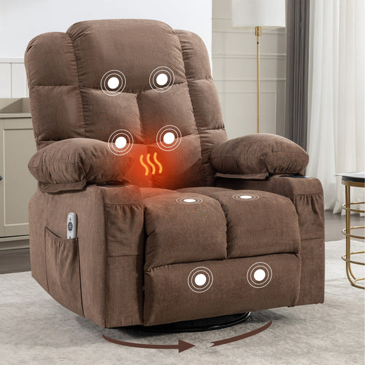 SYNGAR Swivel Recliner Chair for Adults, Living Room Fabric Recliner Chair with Massage and Heat, Single sofa with USB Port, Cup Holder, Side and Front Pocket, Brown