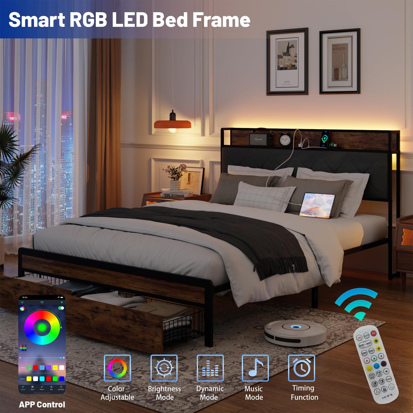 SYNGAR Full Bed Frame with Storage Headboard, Modern Platform Bed Frame with USB Charging Port and Power Outlets, 2 Storage Drawers, Metal Steel Slat, Full Size Bed Frame with LED Light Headboard