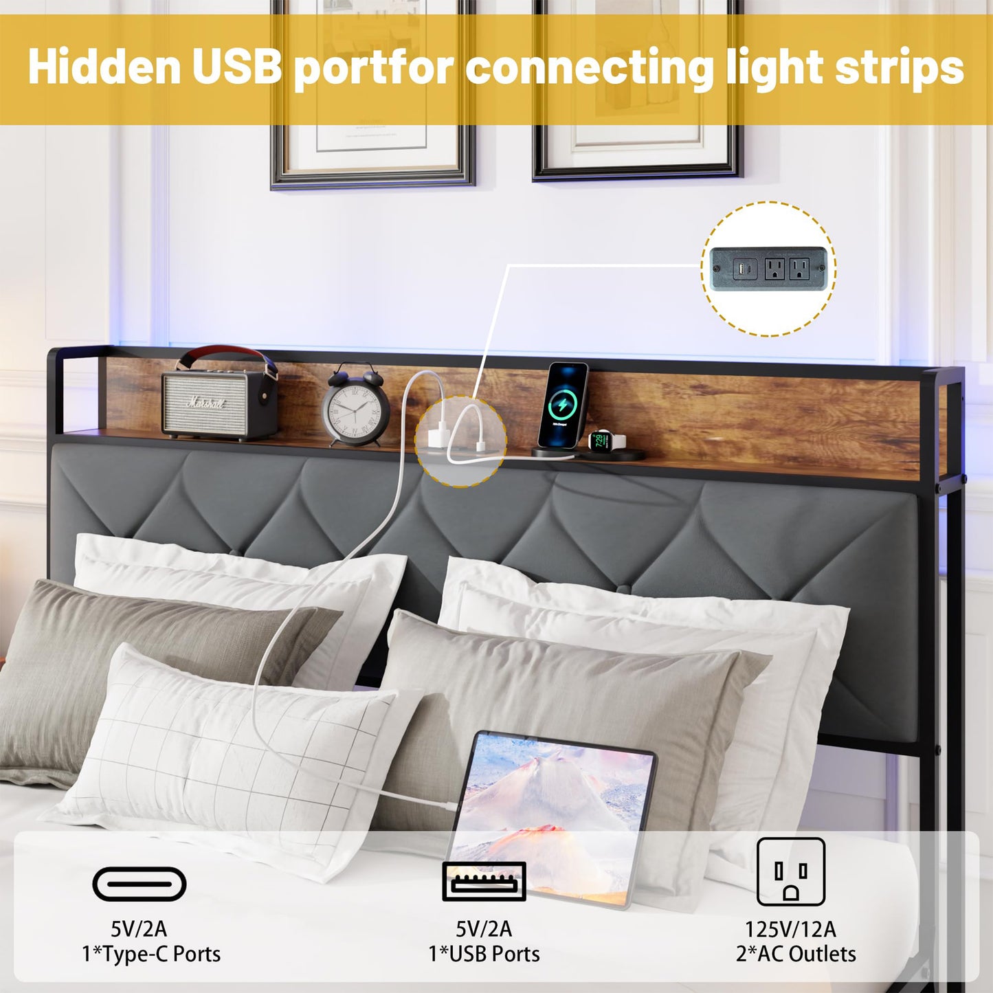 SYNGAR Full Bed Frame with Storage Headboard, Modern Platform Bed Frame with USB Charging Port and Power Outlets, 2 Storage Drawers, Metal Steel Slat, Full Size Bed Frame with LED Light Headboard