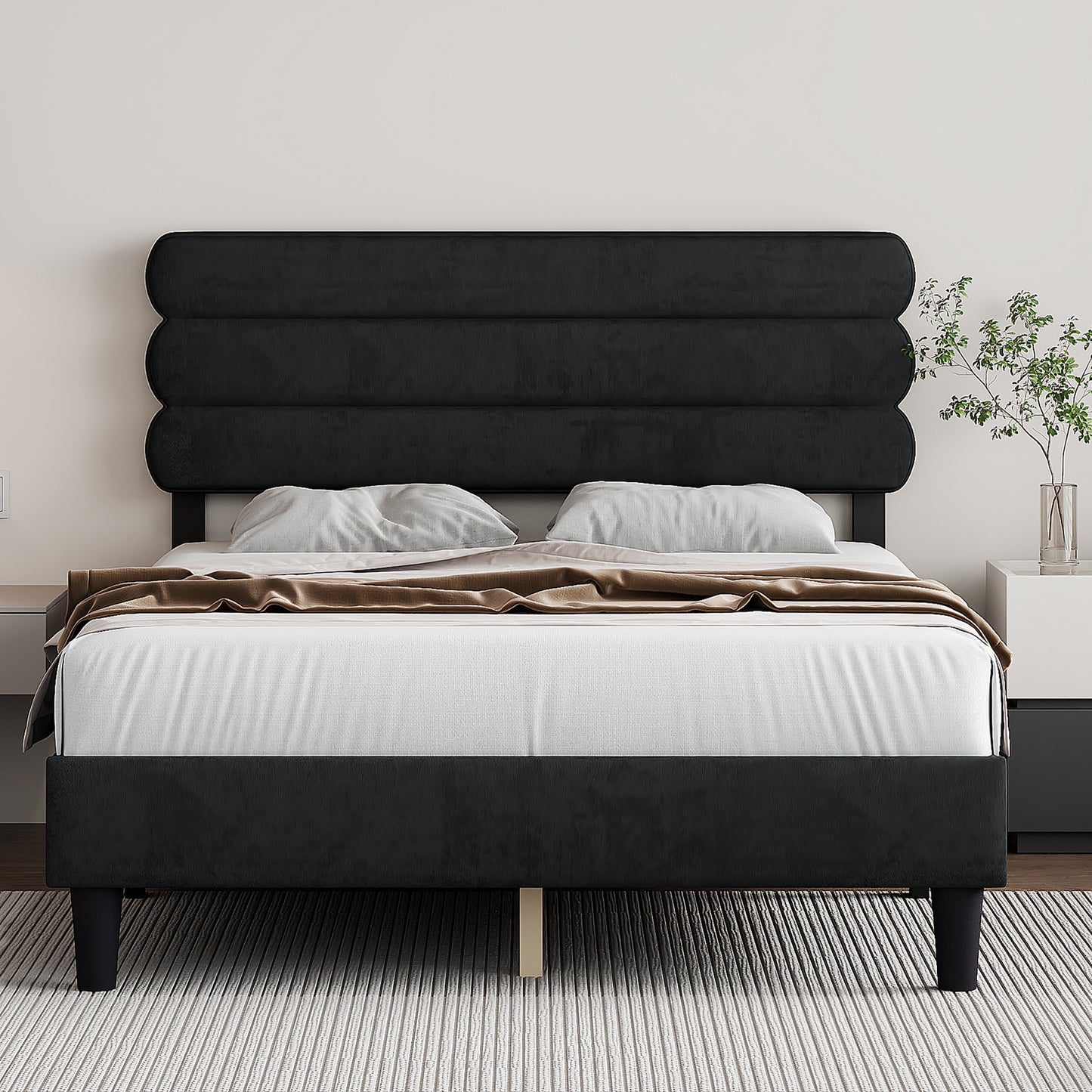 SYNGAR Queen Bed Frame, Queen Size Fabric Upholstered Platform Bed Frame with Headboard, Bedroom Furniture Metal Frame Platform Bed Frame, No Box Spring Needed, Easy Assembly, Black