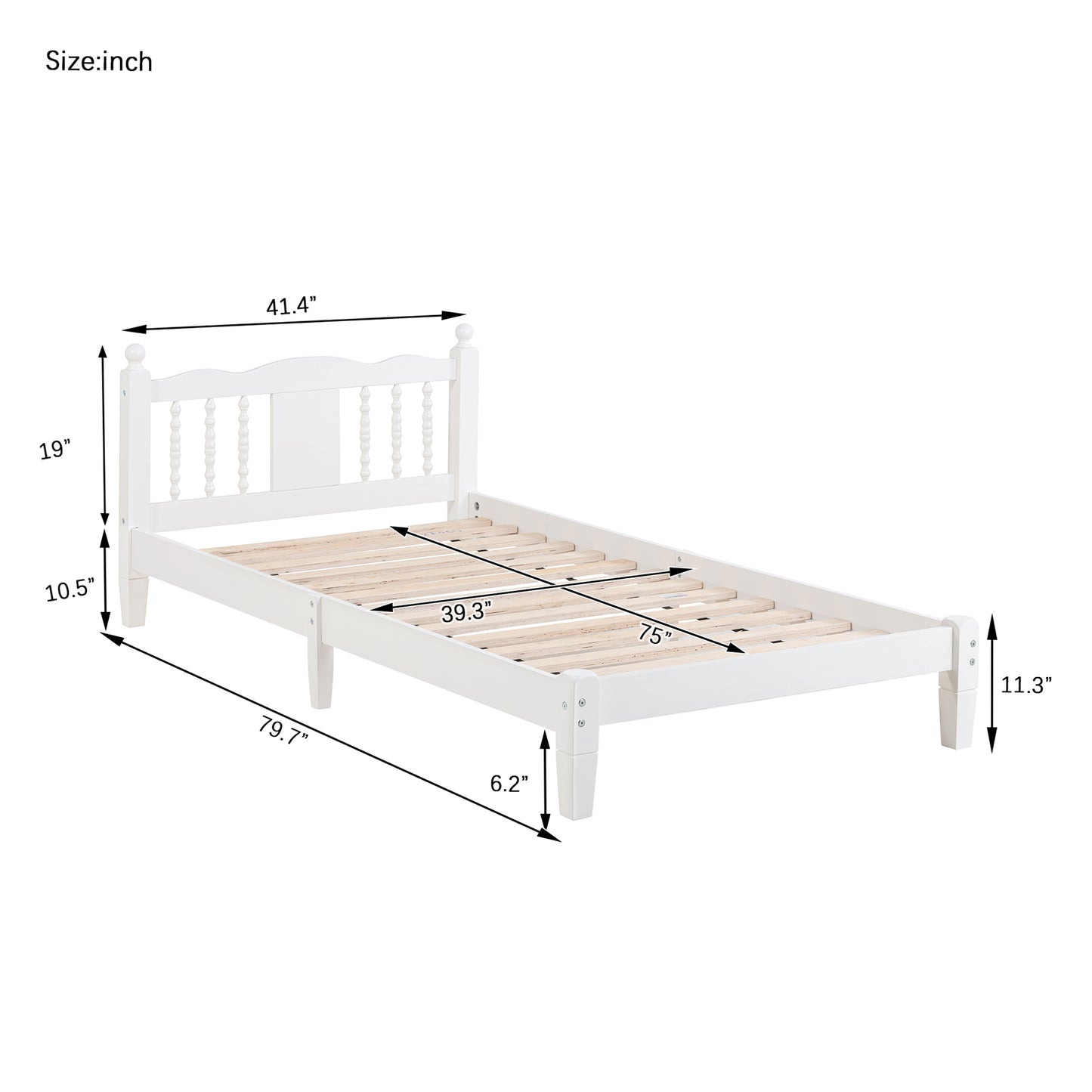 SYNGAR Twin Size Bed Frame with Columns Decor Headboard, Wood Twin Platform Bed Frame with Wood Slat for Apartment, Easy Assembly, No Spring Box Need, White