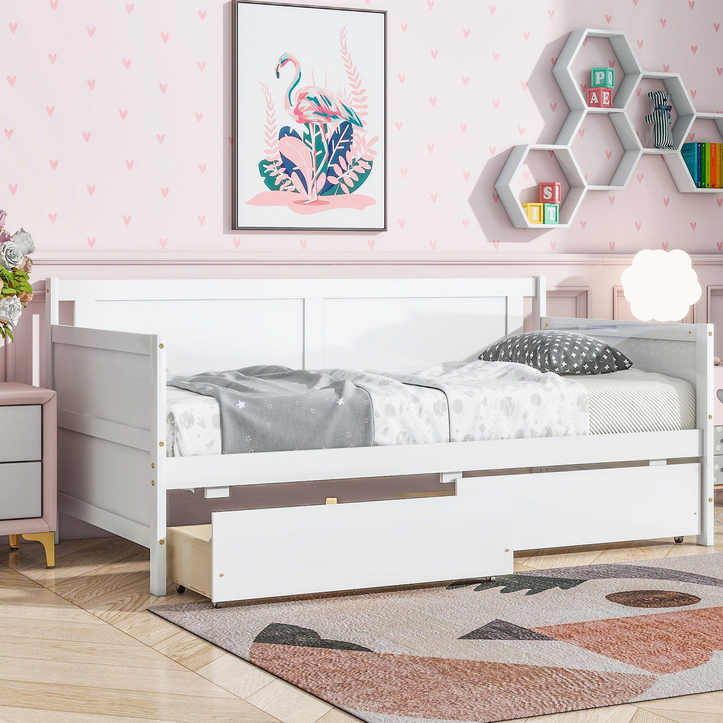SYNGAR Twin Size Daybed with 2 Drawers, Wood Sofa Bed Frame for Kids and Teens, Living Room Bedroom Furniture, No Box Spring Needed, Wood Slat Support, Easy Assembled, Gray
