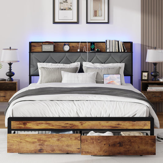 SYNGAR Full Bed Frame with Storage Headboard, Modern Platform Bed Frame with USB Charging Port and Power Outlets, 2 Storage Drawers, Metal Steel Slat, Full Size Bed Frame with LED Light Headboard