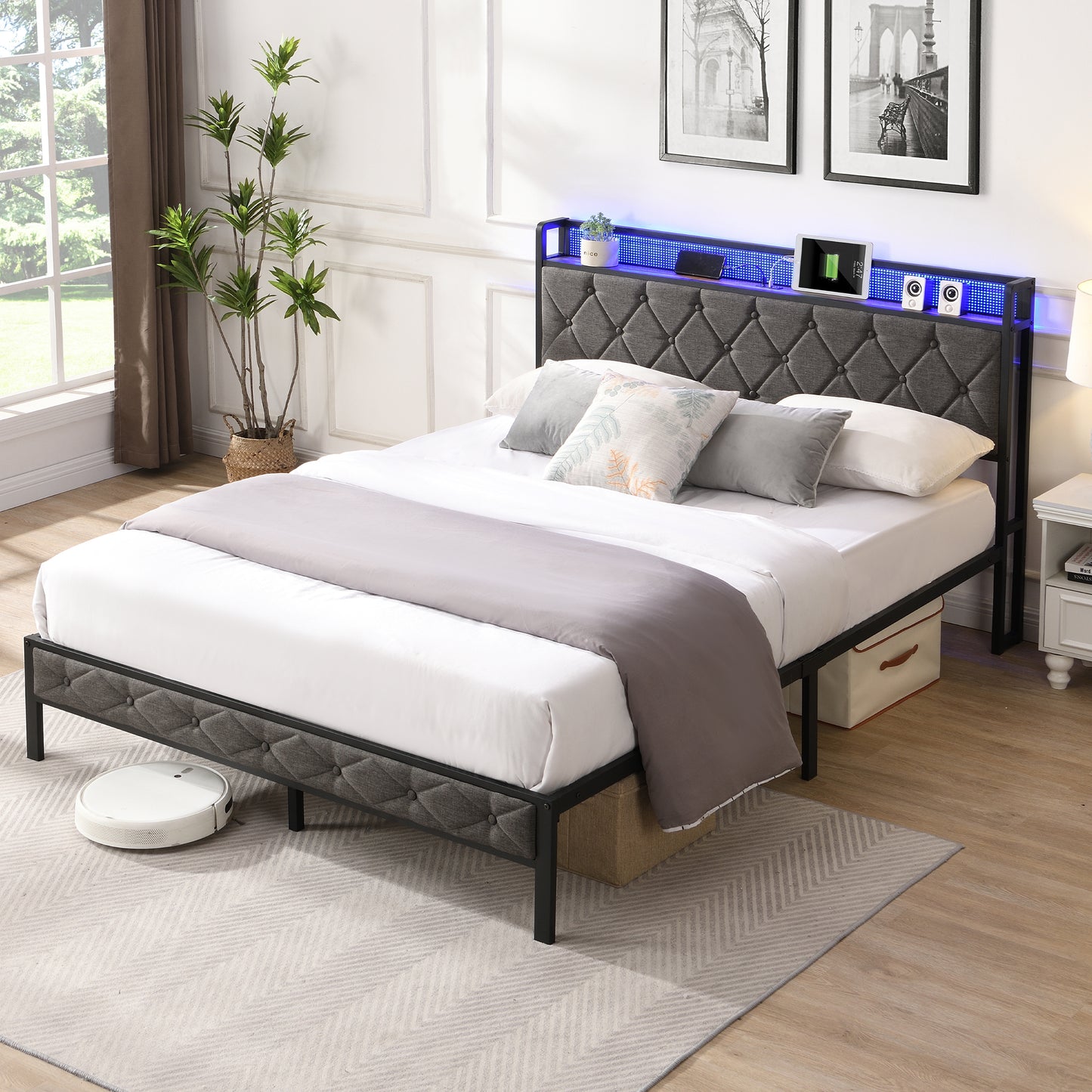 SYNGAR Full Bed Frame with Upholstered Storage Headboard, Full Size Platform Bed Frame with LED Light and Charing Station, Bedroom Furniture Metal Bed Frame, No Box Spring Needed, Gray