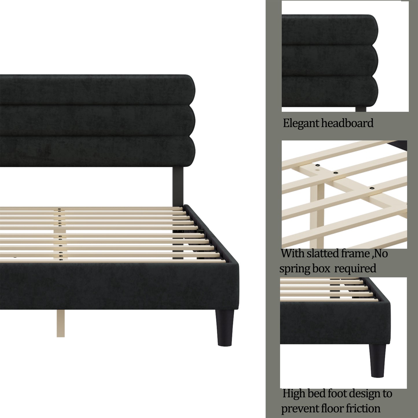 SYNGAR Queen Bed Frame, Queen Size Fabric Upholstered Platform Bed Frame with Headboard, Bedroom Furniture Metal Frame Platform Bed Frame, No Box Spring Needed, Easy Assembly, Black