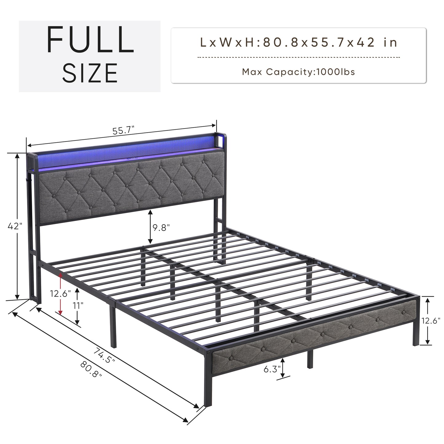 SYNGAR Full Bed Frame with Upholstered Storage Headboard, Full Size Platform Bed Frame with LED Light and Charing Station, Bedroom Furniture Metal Bed Frame, No Box Spring Needed, Gray