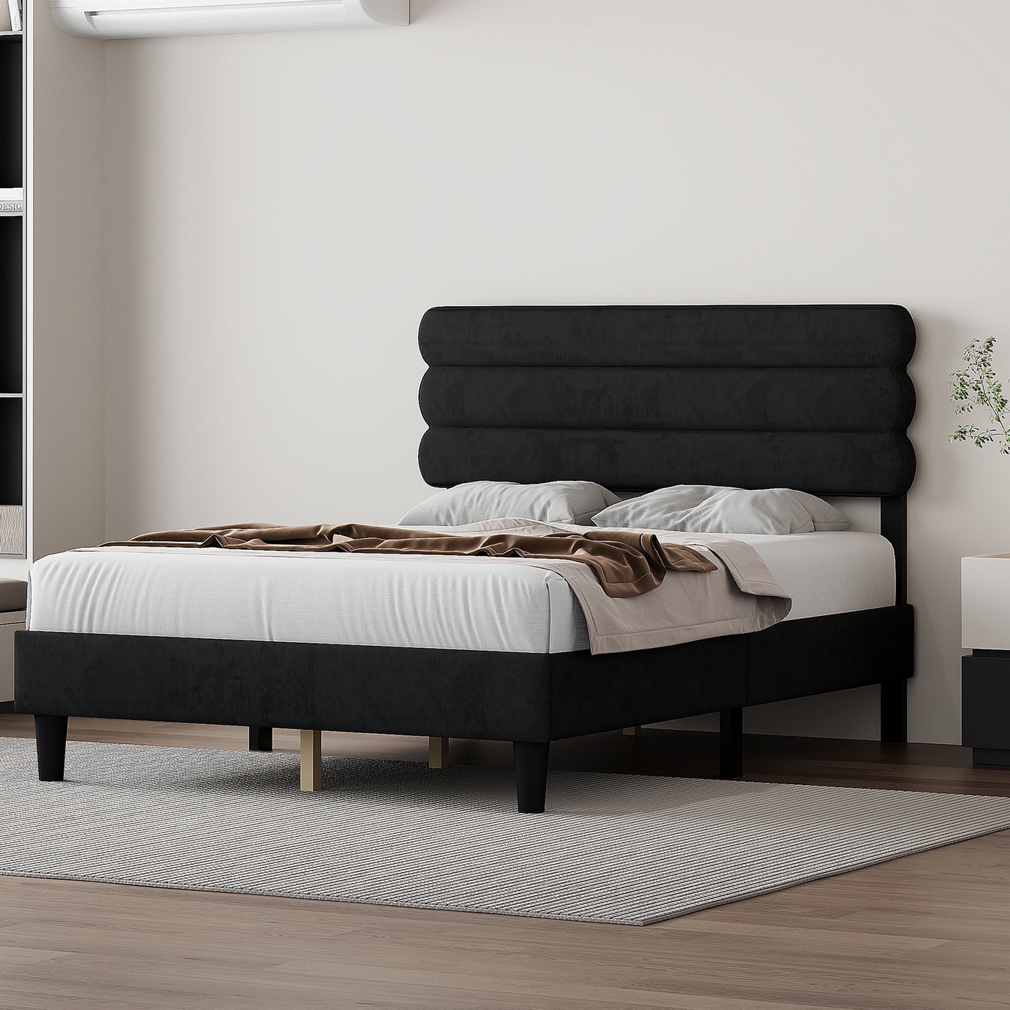 SYNGAR Queen Bed Frame, Queen Size Fabric Upholstered Platform Bed Frame with Headboard, Bedroom Furniture Metal Frame Platform Bed Frame, No Box Spring Needed, Easy Assembly, Black