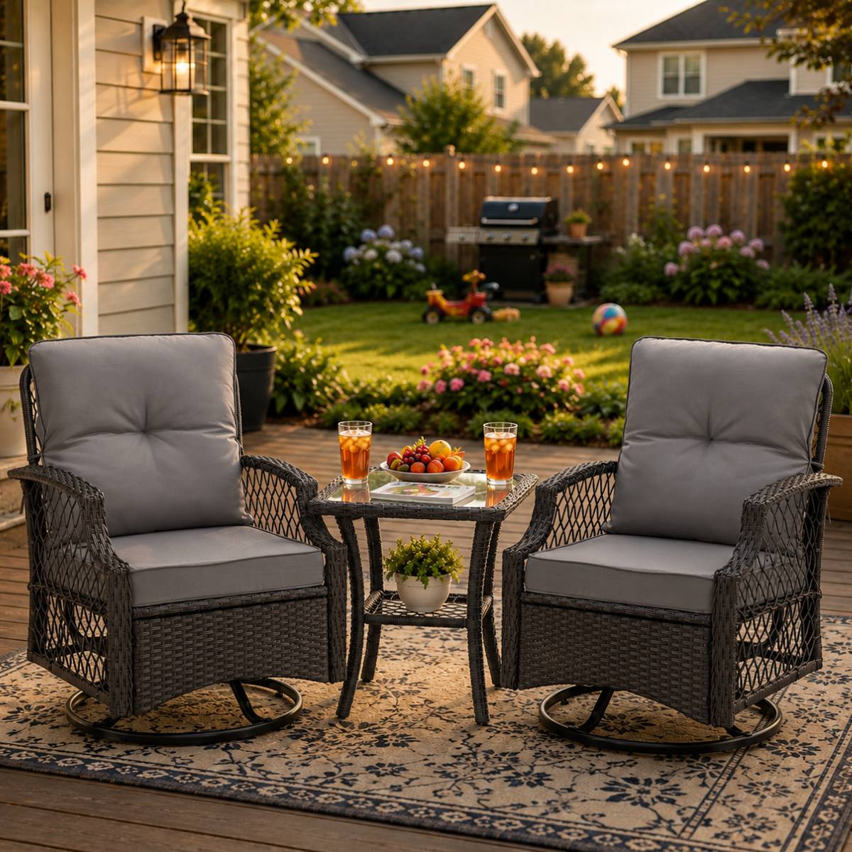 3 Piece Patio Swivel Rocker Chairs Set, 2 360-Degree Swivel Rocking Chairs with 1 Glass Top Table, PE Rattan Outdoor Bistro Set with Cushions for Balcony Deck Poolside Backyard Porch