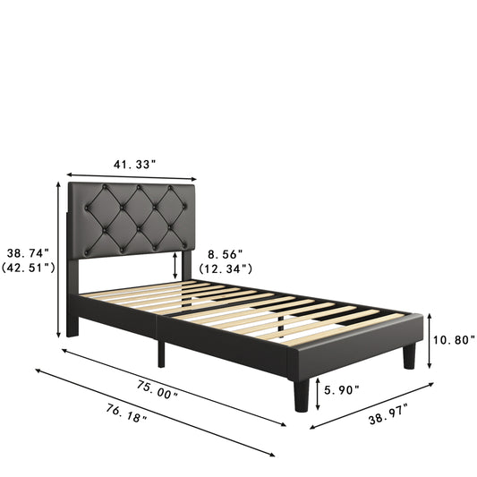 SYNGAR Twin Bed Frame with Adjustable Height Headboard, Modern Leather Upholstered Platform Bed Frame with Wood Slat, Easy Assembly, No Box Spring Needed, Black