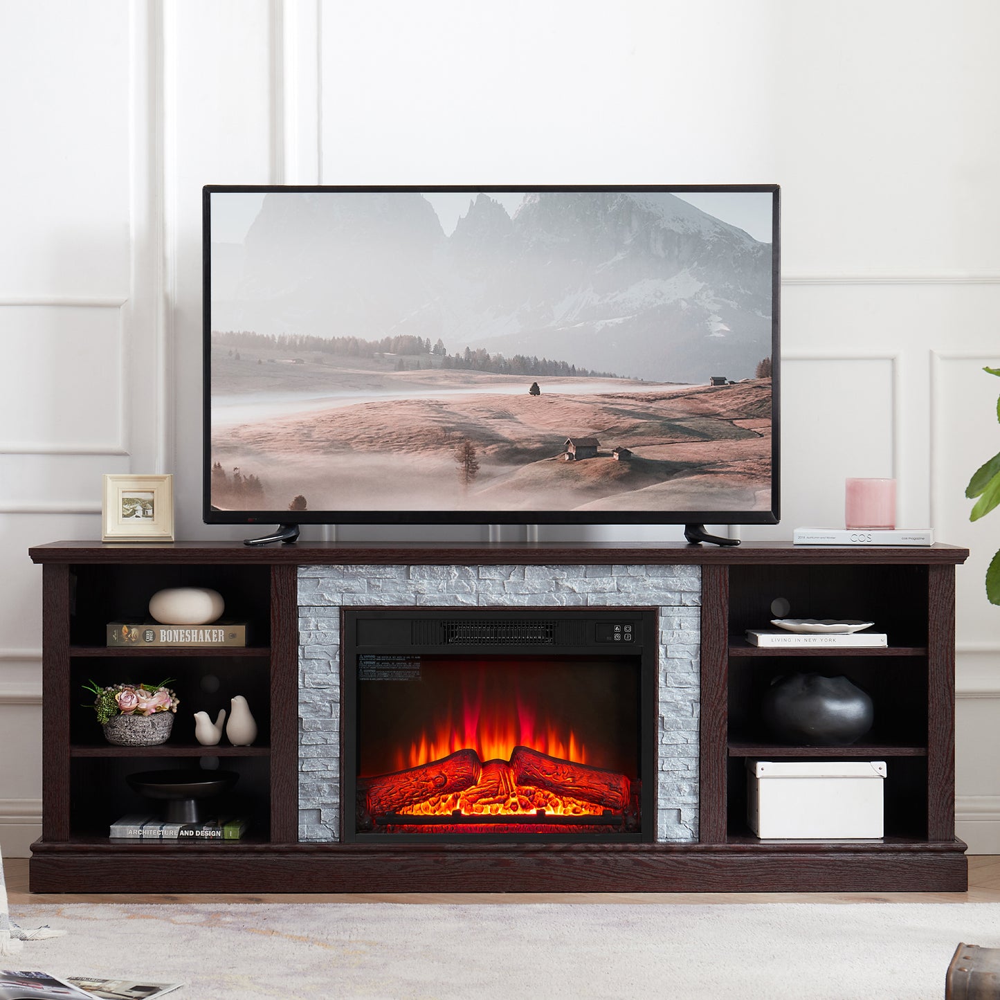 SYNGAR TV Stand With Fireplace for 70" TV, Modern TV Console with Realistic Stacked Stone Surround for Living Room, Wood Entertainment Center with Open Shelves, Remote Control Fireplace, Cherry