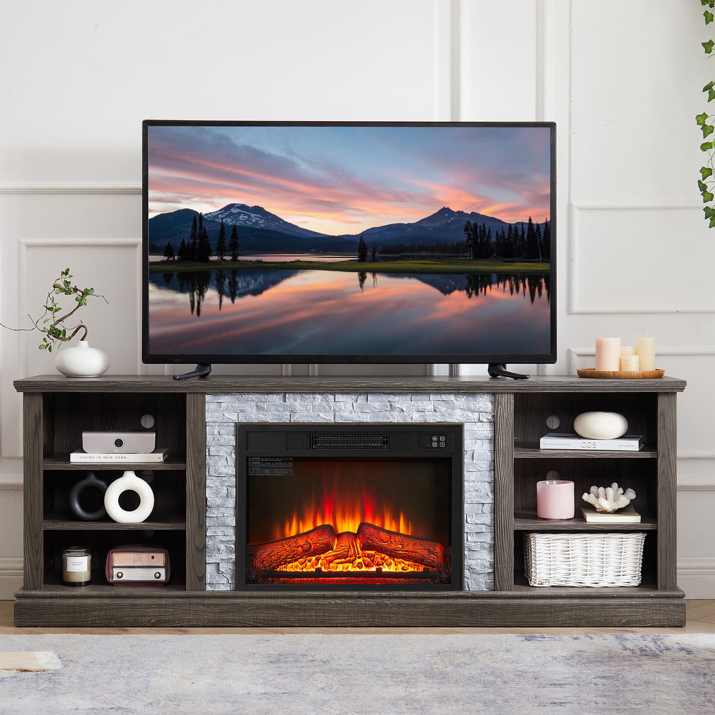 SYNGAR TV Stand With Fireplace for 70" TV, Modern TV Console with Realistic Stacked Stone Surround for Living Room, Wood Entertainment Center with Open Shelves, Remote Control Fireplace, Cherry