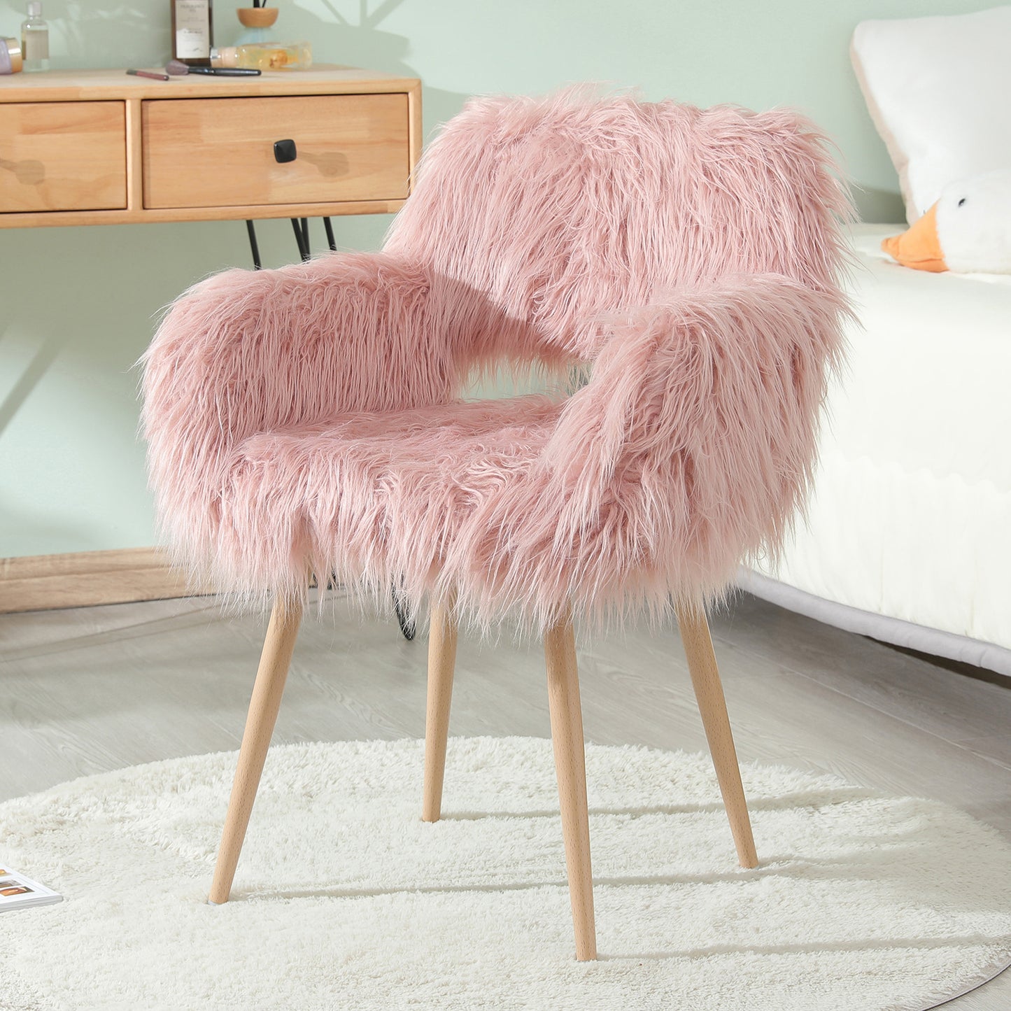 SYNGAR Pink Faux Fur Upholstered Chair for Bedroom, Cute Desk Chair with Backrest and Armrest, Elegant Makeup Vanity Chair with Wood Style Metal Leg for Living Room, Easy Assemble