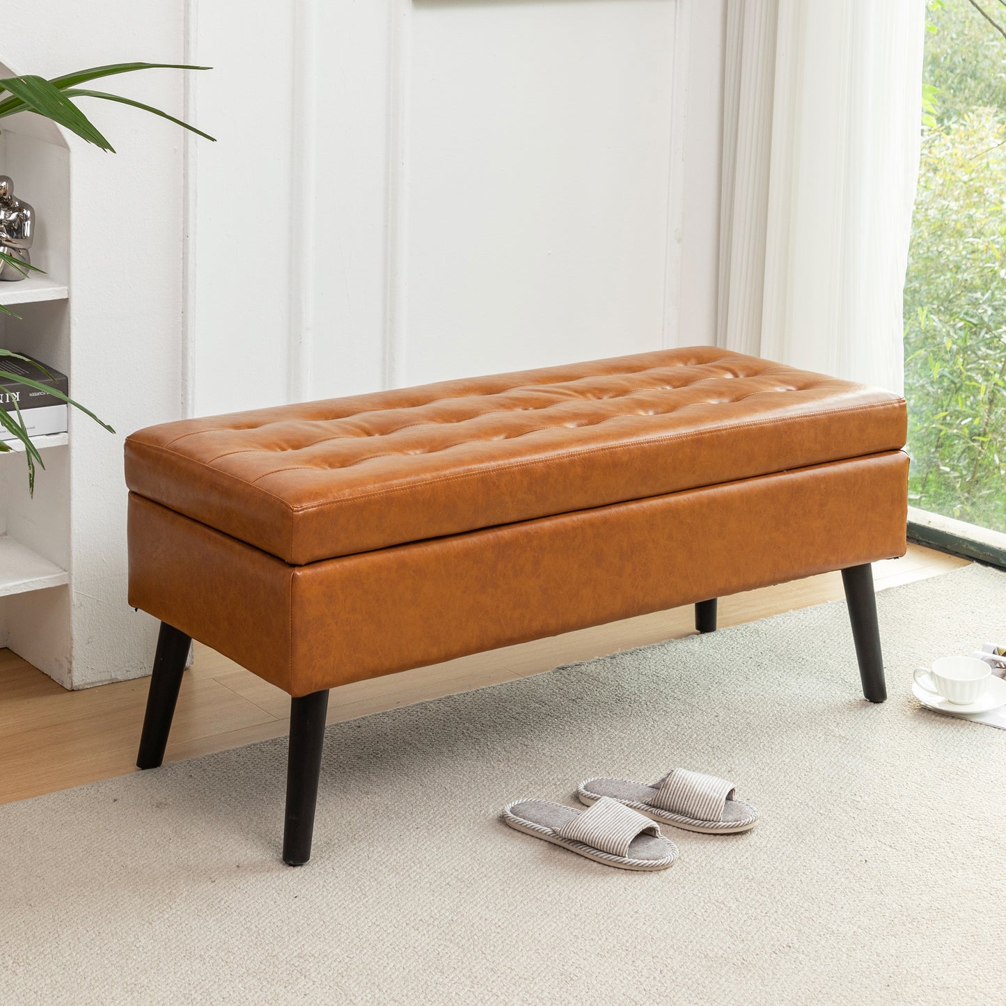 Syngar Modern Storage Bench, Upholstered Storage Ottoman with Wood Leg, PU Leather Entryway Bench with Storage for Living room, Bedroom, and Shop, Capacity of 300lbs, Easy Assemble