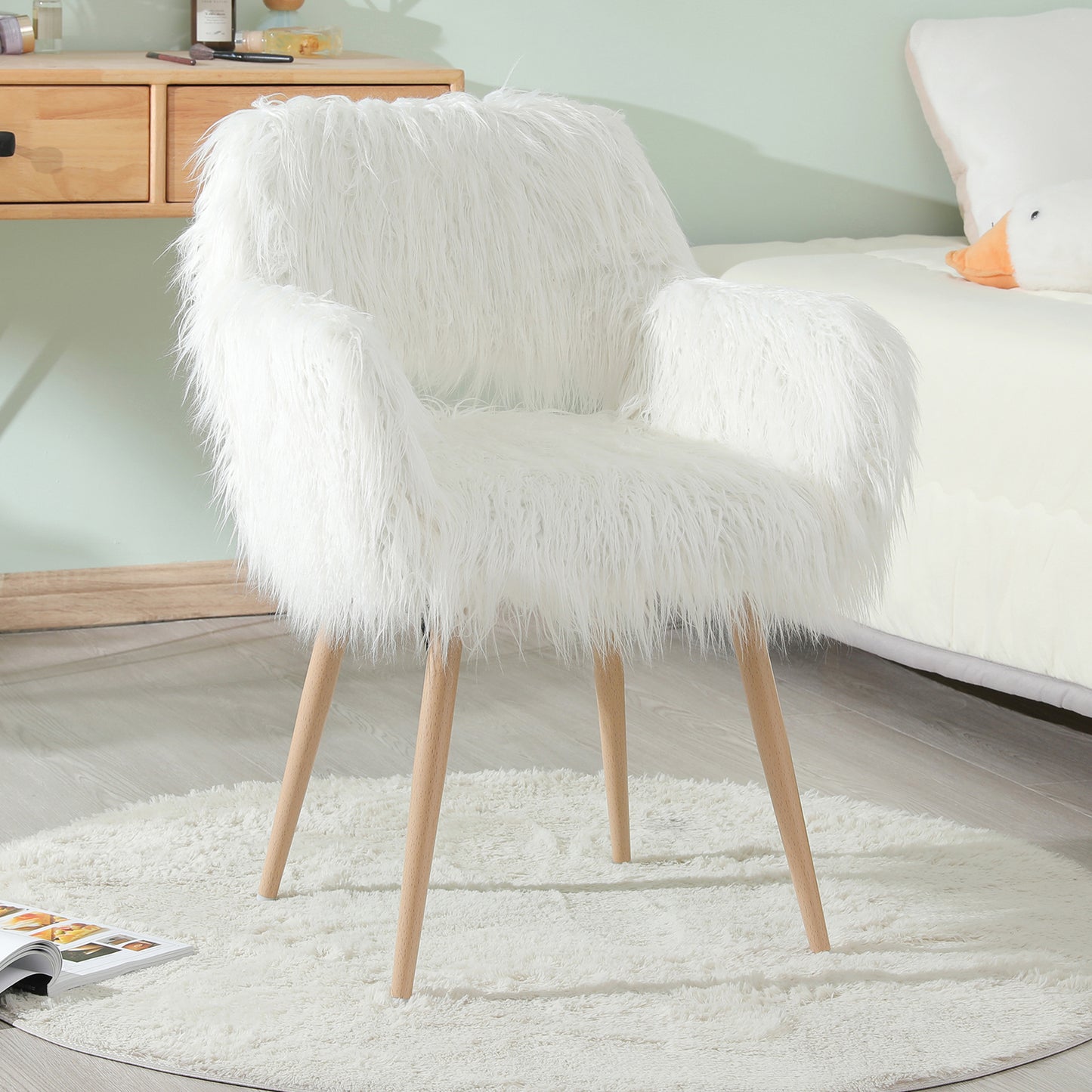 SYNGAR Pink Faux Fur Upholstered Chair for Bedroom, Cute Desk Chair with Backrest and Armrest, Elegant Makeup Vanity Chair with Wood Style Metal Leg for Living Room, Easy Assemble