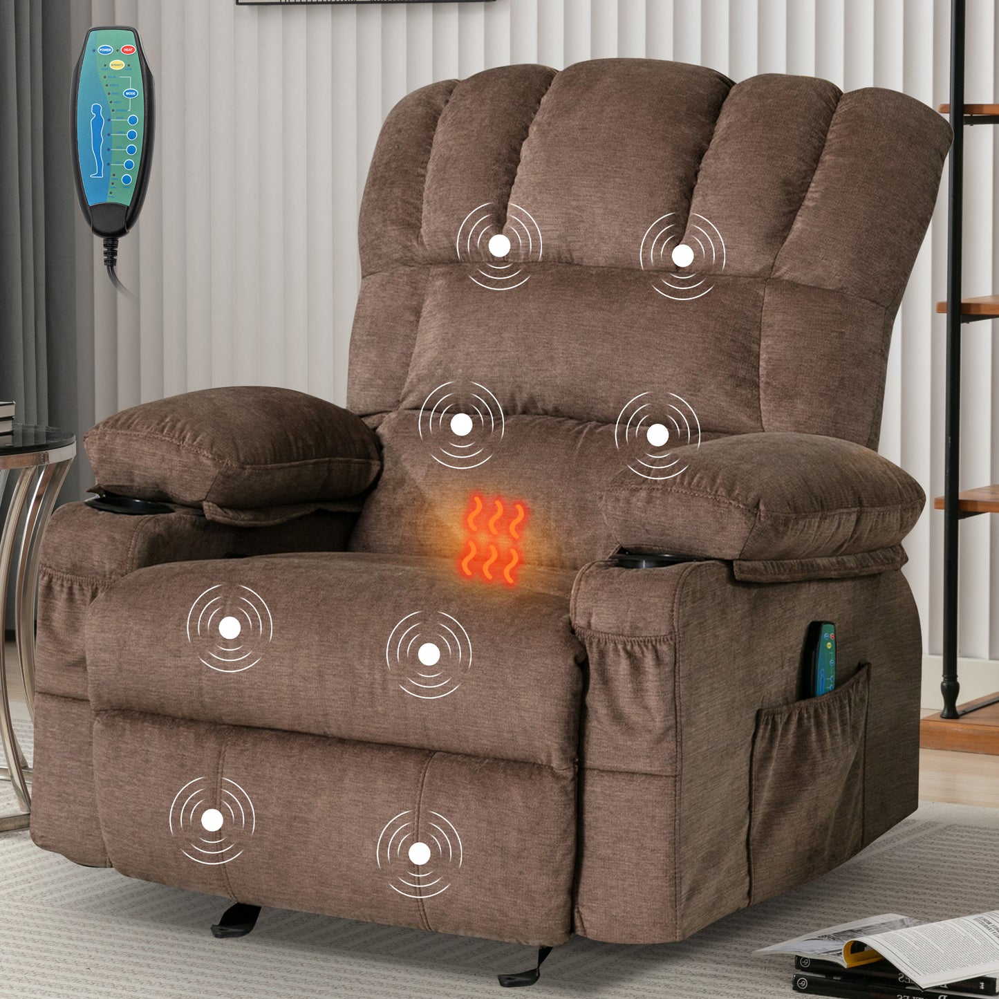 SYNGAR Manual Recliner Chair with Heat and Vibration Massage, Fabric Elderly Single Reclining Rocker Sofa with USB Charge Port, Cup Holders and Side Pocket for Bedroom Home Theater, Brown