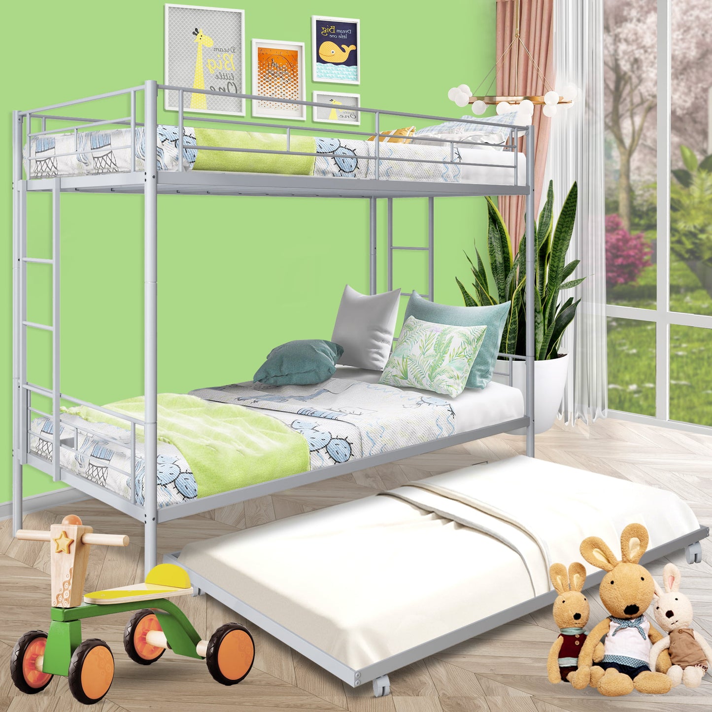 SYNGAR Twin over Twin Bunk Bed with Trundle, Loft Bunk Bed with Pull-out Trundle and Safe Full-length Guardrail, Metal Triple Bunk Bed can Convertible to 3 Single Platform Bed, Silver
