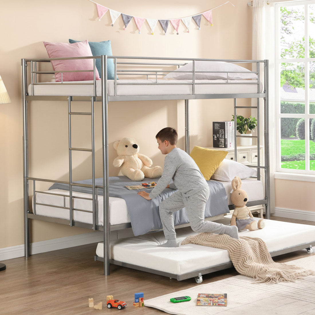 Twin over Twin Bunk Bed with Trundle, SYNGAR Heavy Duty Metal Bed Frame with Safety Rail Side Ladders for Dormitory Bedroom,No Box Spring Needed, Black
