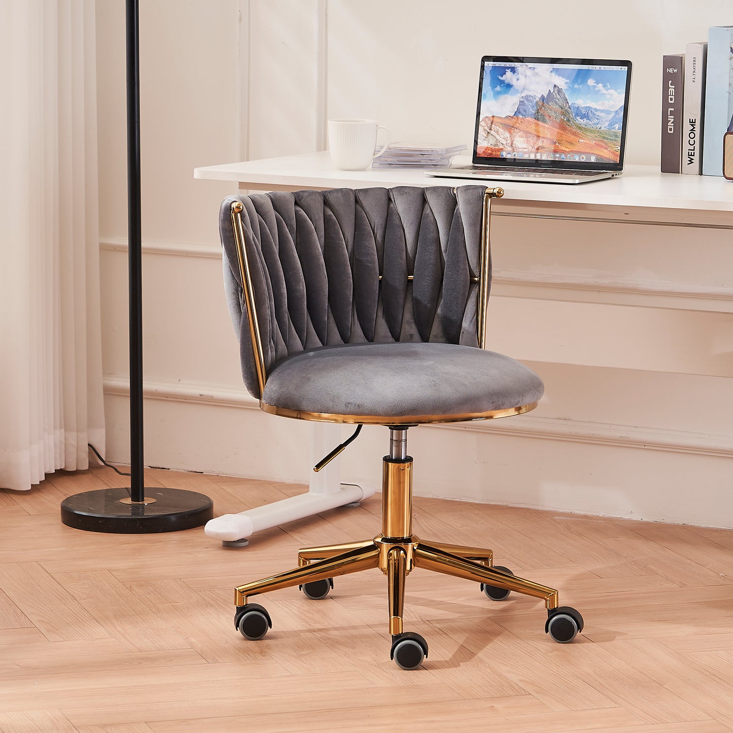 Home Office Desk Chair, SYNGAR Modern Criss-Cross Chair with Wheels, Upholstered Vanity Chair, Computer Chair Office Chair for Living Room Bedroom, Mid Back Height, Beige