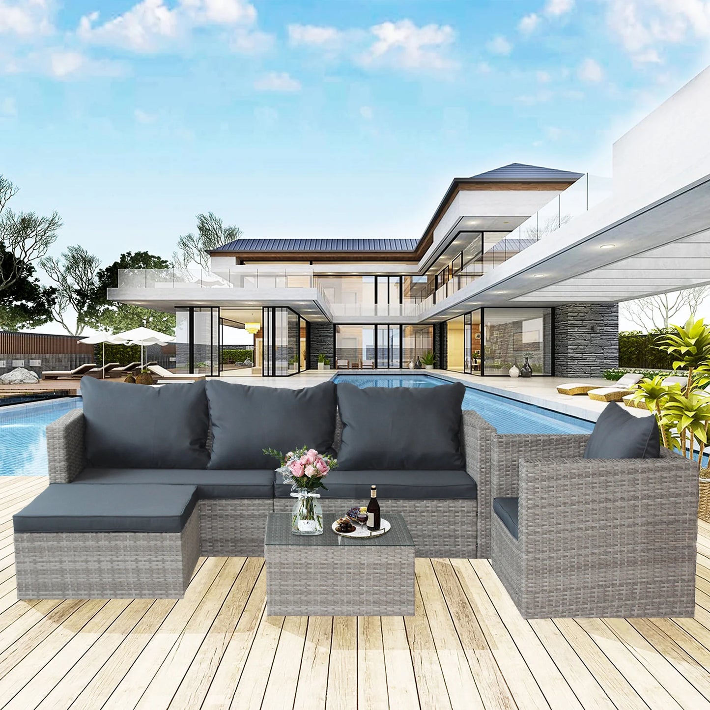 Rattan Patio Sofa Set, 4 Piece Outdoor Sectional Furniture Set, All-Weather PE Rattan Wicker Patio Conversation Set, Cushioned Sofa Set with Glass Table for Garden Pool Deck Porch, K2829