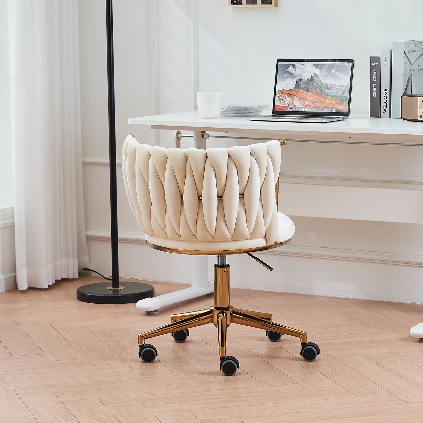 Home Office Desk Chair, SYNGAR Modern Criss-Cross Chair with Wheels, Upholstered Vanity Chair, Computer Chair Office Chair for Living Room Bedroom, Mid Back Height, Beige