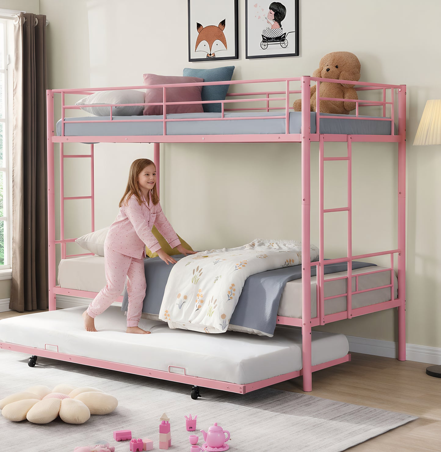 Twin over Twin Bunk Bed with Trundle, SYNGAR Heavy Duty Metal Bed Frame with Safety Rail Side Ladders for Dormitory Bedroom,No Box Spring Needed, Black