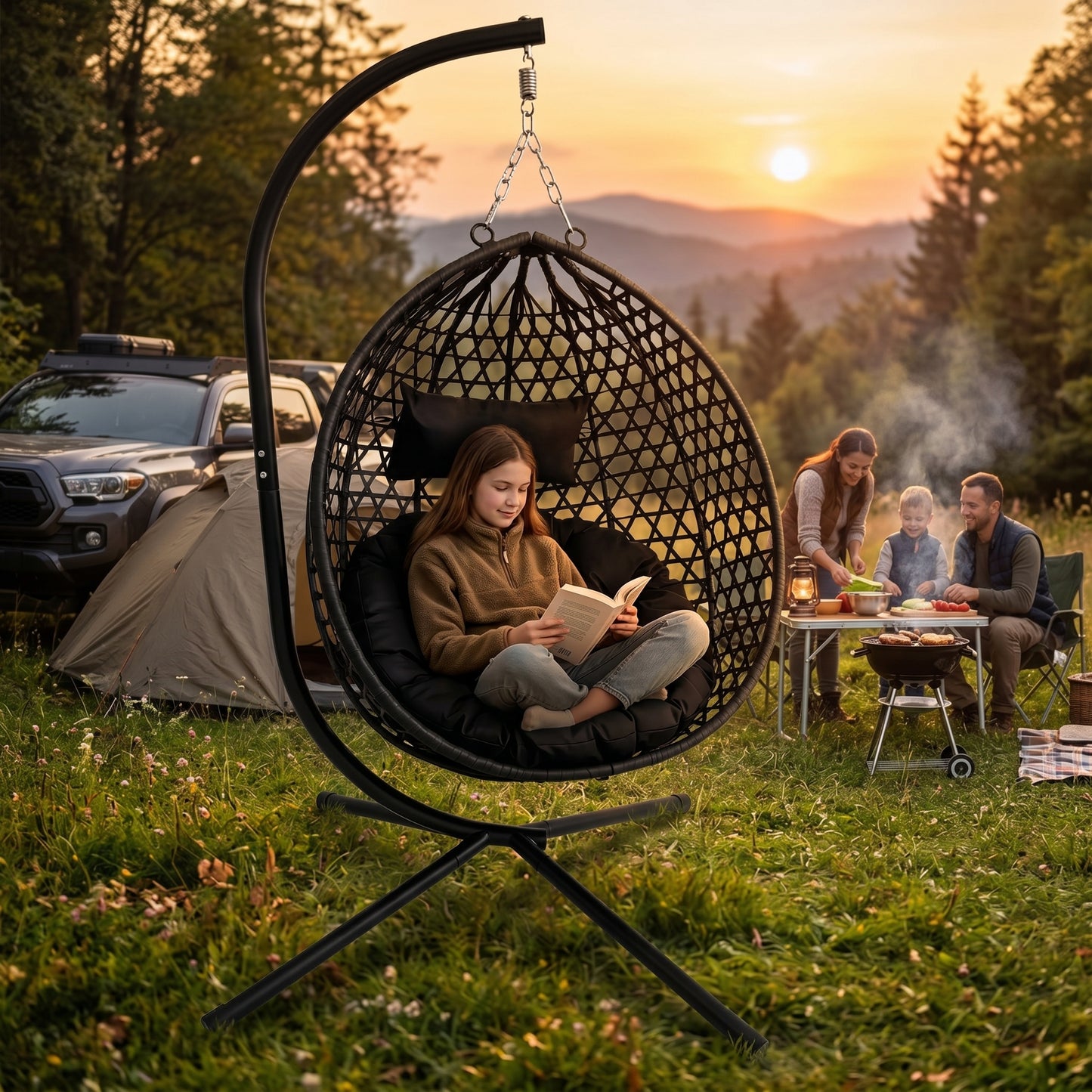 SYNGAR Foldable Hanging Egg Chair with Stand, HDPE Rattan Wicker Swing Chair with Cushion, Outdoor Egg Chair for Patio Balcony Bedroom, Heavy Duty 350 Lbs Capacity