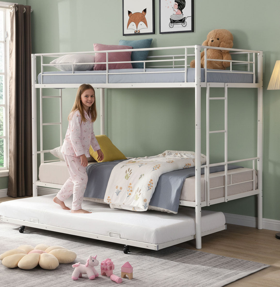 Twin over Twin Bunk Bed with Trundle, SYNGAR Heavy Duty Metal Bed Frame with Safety Rail Side Ladders for Dormitory Bedroom,No Box Spring Needed, Black