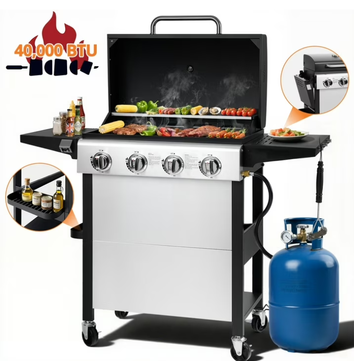 40000BTU Gas Grill with 4 Universal Wheels & Bottle Opener, 4-Burner Outdoor Grills with Side Table for Camping, Sliver