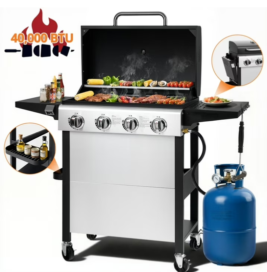 40000BTU Gas Grill with 4 Universal Wheels & Bottle Opener, 4-Burner Outdoor Grills with Side Table for Camping, Sliver