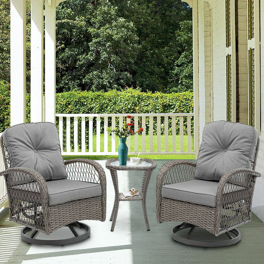 3 Piece Outdoor Rocking Bistro Set, PE Rattan Glass Top Table and Rocking Chairs Set, Outdoor Conversation Set with Cushions for 2 Persons, All-weather Bistro Set for Patio, Pool, Balcony, Pub, Cafe
