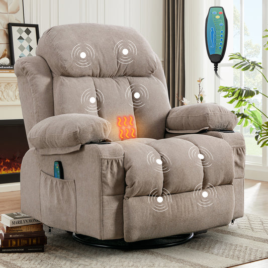 SYNGAR Oversized Recliner Chair, 360° Swivel Rocker Reclining Chair with Massage and Heat Function, USB, Cup Holders and Side Pockets, Living Room Single Sofa Seat Nursery Lounge Chair, Grey