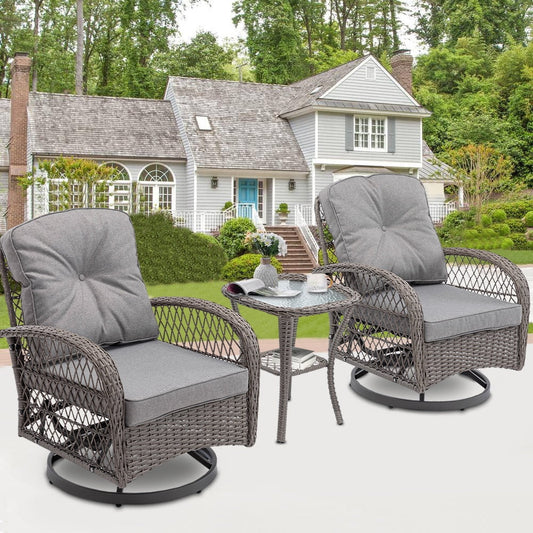 3 Piece Patio Bistro Set with Table and 360° Rocking Swivel Chairs, Outdoor Swivel Rocker Chairs Set, Patio Furniture Sets Suitable for Yard Backyard Balcony Garden and Poolside - Gray