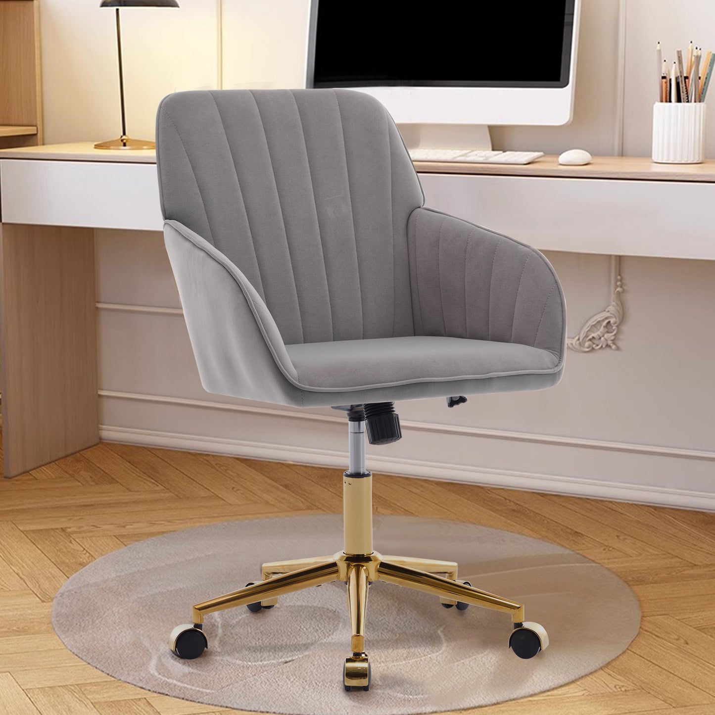 SYNGAR Office Chair with Adjustable Height, Modern Mid Back Soft Criss Cross Chair with Wheels Velvet Swivel Computer Home Task Chairs Ergonomic Executive Chair with Armrests, Rose Red